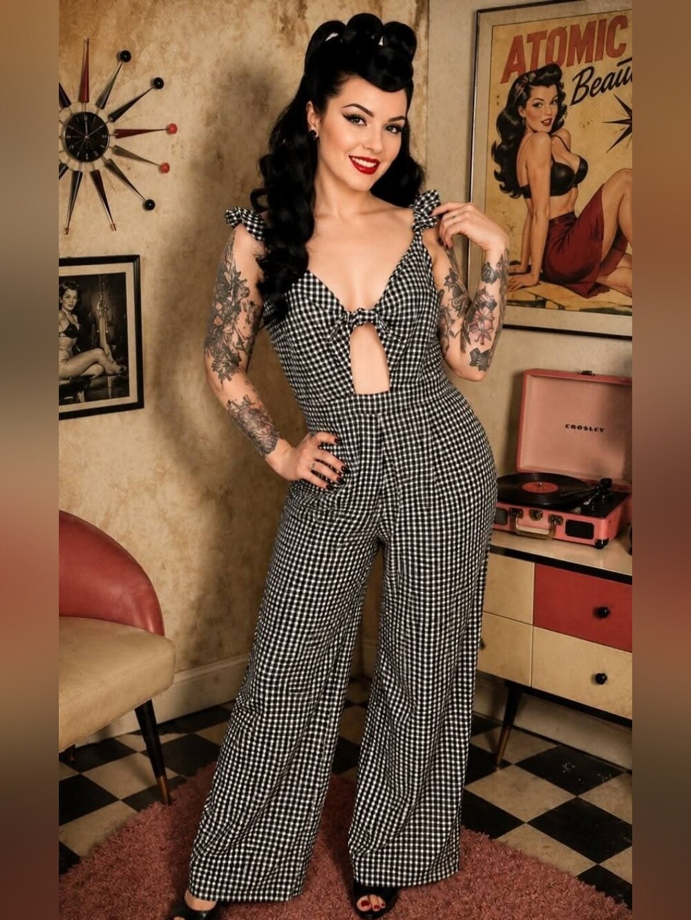 Vintage-Inspired Black & White Gingham Wide-Leg Jumpsuit